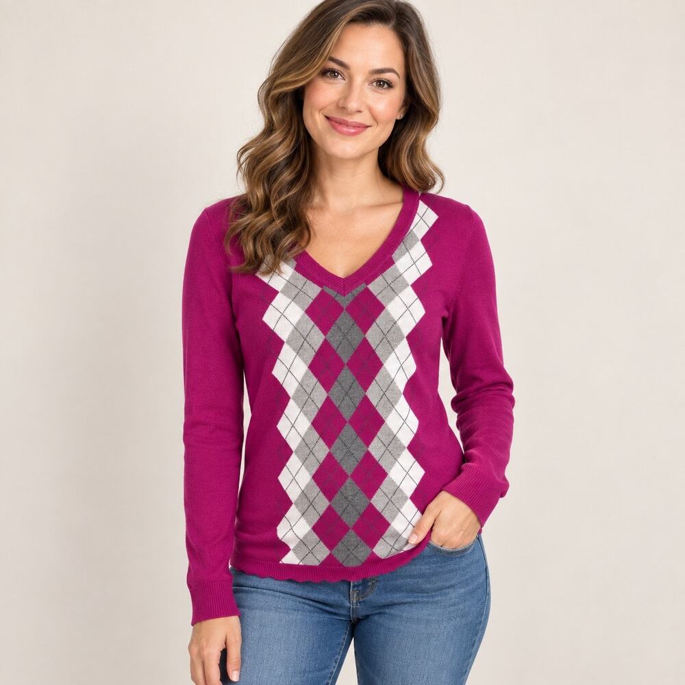 Tommy Hilfiger Womens M Pink Argyle V Neck Sweater Prima Cotton Blend Vintage